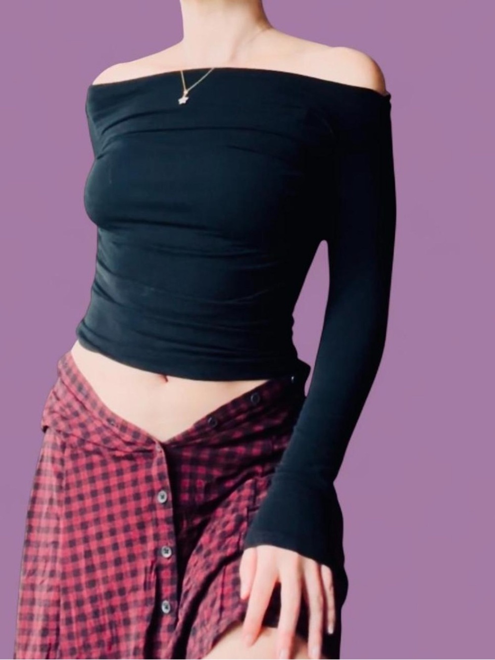 Off-Shoulder Long Sleeve Top - Black